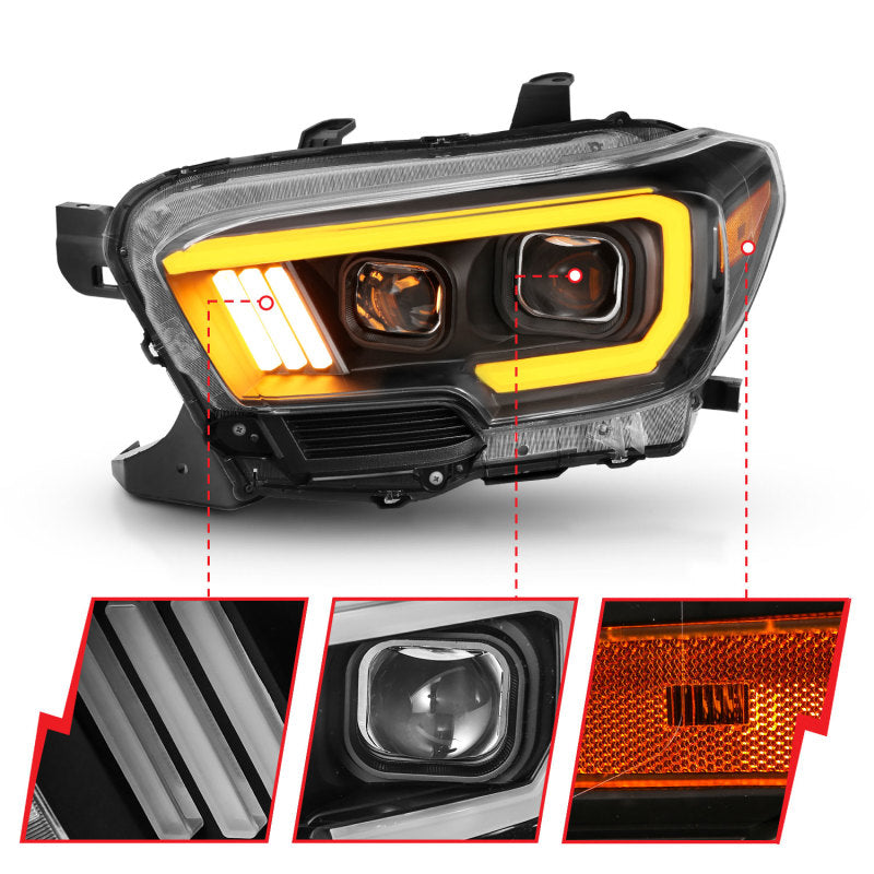 Phares de projecteur ANZO 2016-2017 Toyota Tacoma avec interrupteur de style planche noir avec ambre avec DRL