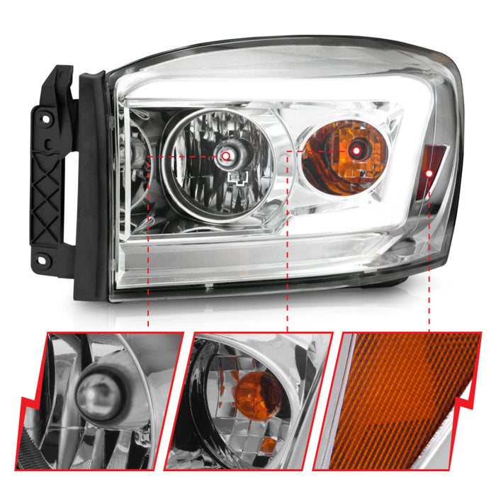 Phares Anzo 06-09 Dodge RAM 1500/2500/3500 Boîtier chromé/lentille transparente (avec barres lumineuses)