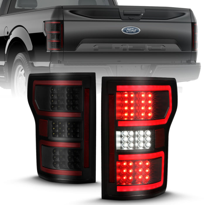 Feu arrière à LED ANZO 18-19 Ford F-150, boîtier noir, lentille transparente, barre lumineuse rouge avec séquentiel