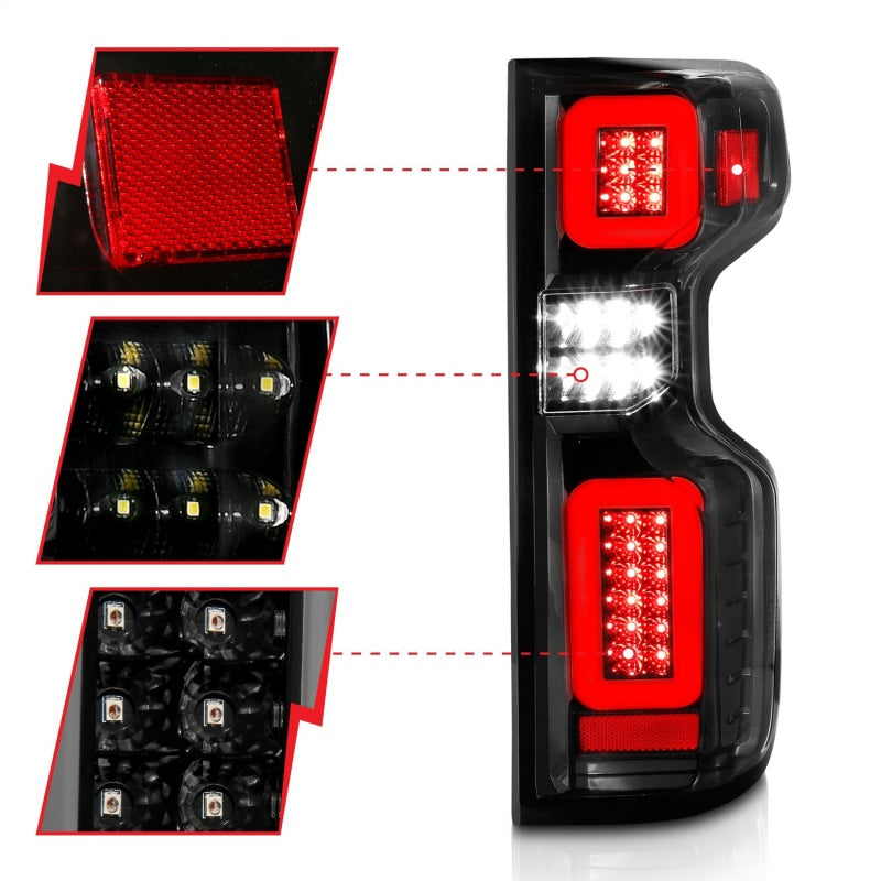 Anzo 19-21 Chevy Silverado Work TruckFeux arrière entièrement à LED Boîtier noir Lentille transparente G2 (avec barres lumineuses C)