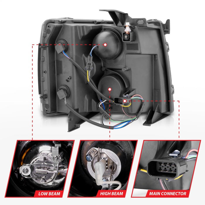 Phares de projecteur ANZO 2007-2013 Chevrolet Silverado 1500 avec halo noir