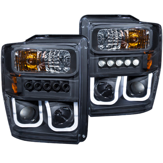 ANZO 2008-2010 Ford F-250 Projector Headlights w/ U-Bar Black