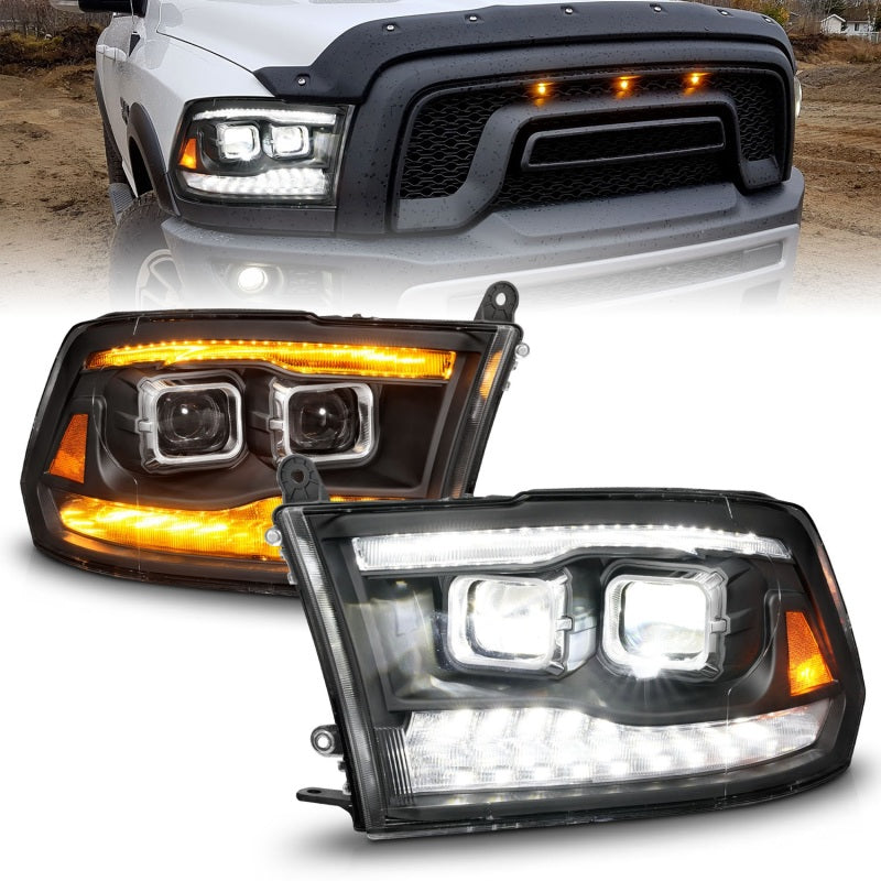 ANZO 09-18 Dodge Ram 1500/2500/3500 Phares de projet entièrement à LED avec barre lumineuse Switchback - Noir