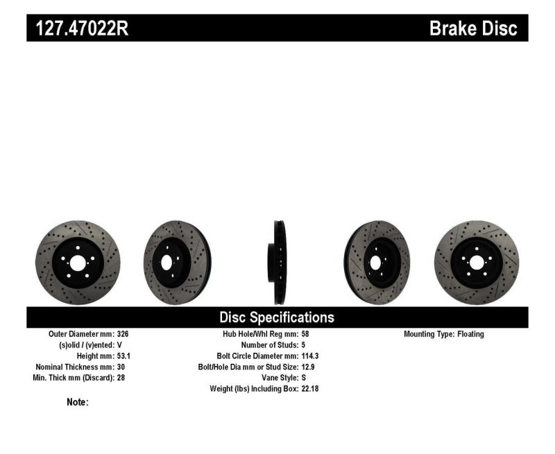 Rotor avant droit rainuré et percé StopTech pour Subaru Impreza WRX/STi 05-10