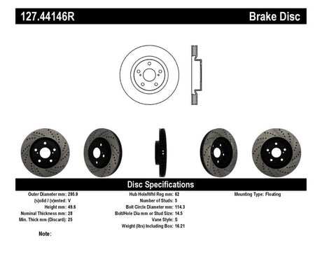Rotor avant droit fendu et percé StopTech 07-09 Lexus ES 250/ES 300/ ES330/ES350 SportStop