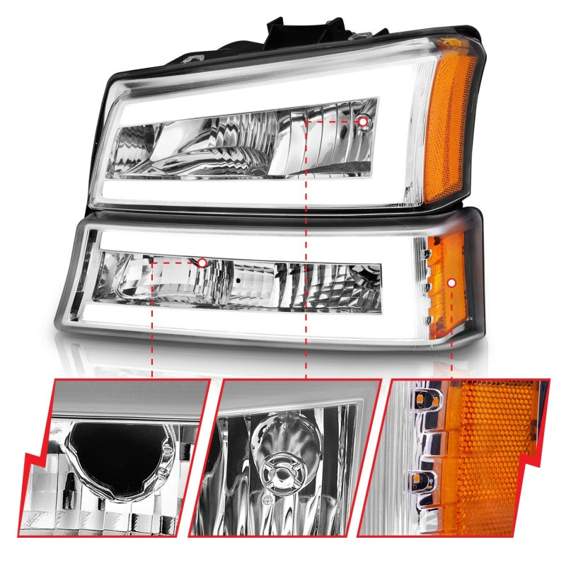 Phares en cristal ANZO 2003-2006 Chevrolet Silverado 1500 avec boîtier chromé pour barre lumineuse