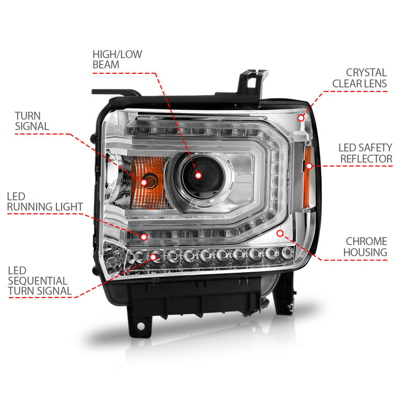 Phares de projecteur ANZO 2014-2015 Gmc Sierra 1500 avec boîtier chromé pour barre lumineuse (type halogène)