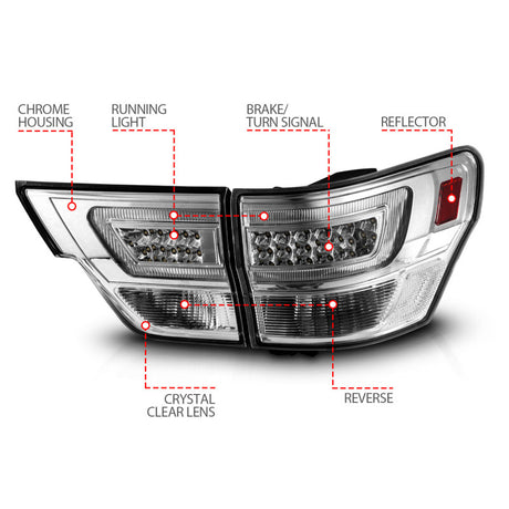 Feux arrière à LED ANZO 11-13 Jeep Grand Cherokee avec barre lumineuse Boîtier chromé/lentille transparente 4 pièces
