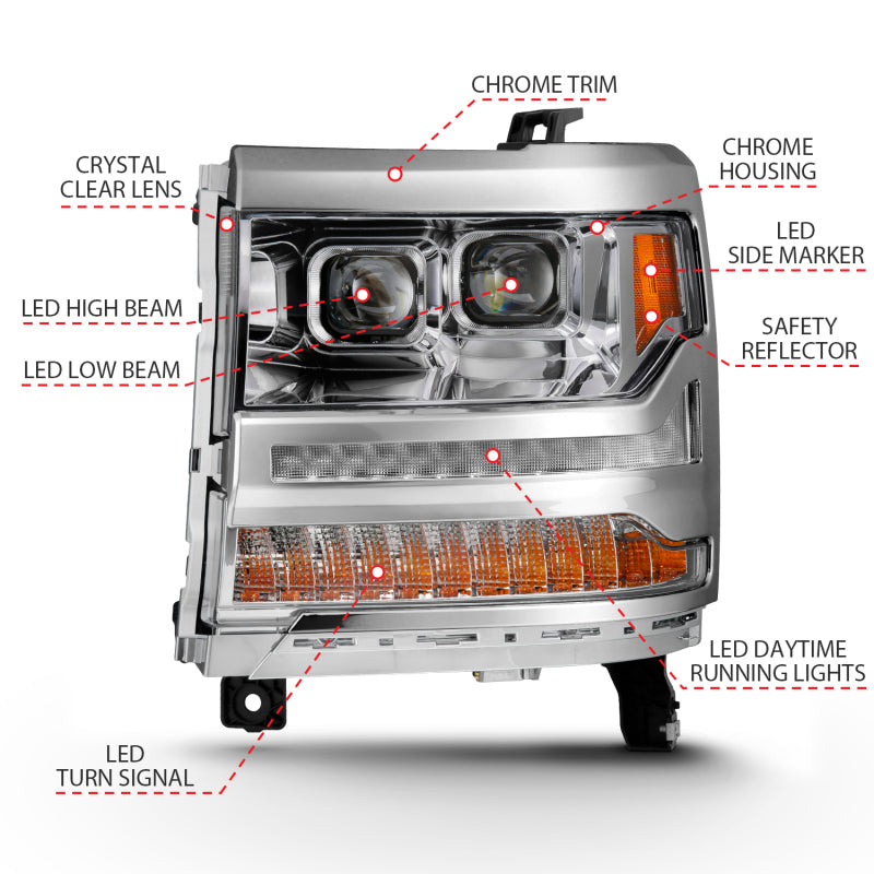 Phares de projecteur à LED ANZO 16-18 Chevrolet Silverado 1500 avec interrupteur de style planche chromé avec ambre