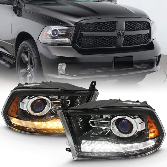 ANZO 2009-2018 Dodge Ram 1500 Projecteur Plank Style Switchback HL Halo Noir Ambre (Style OE)