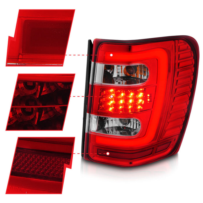 Feux arrière à LED ANZO 1999-2004 Jeep Grand Cherokee avec barre lumineuse, boîtier chromé, lentille rouge/transparente