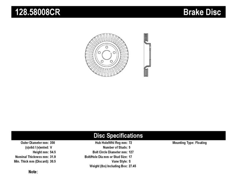 Disque de frein avant droit percé StopTech 11-15 Jeep Grand Cherokee Cryo (sauf SRT8)