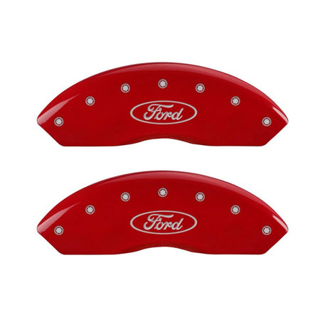 MGP 4 Caliper Covers Engraved Front & Rear Oval Logo/Ford Red Finish Silver Char 2018 Ford Fusion