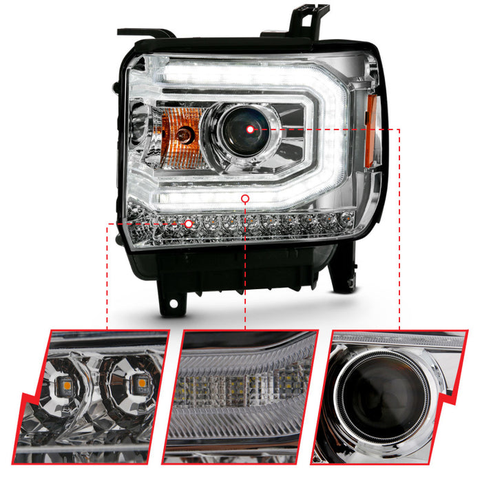 Phare de projecteur ANZO 2016-2019 Gmc Sierra 1500 style planche chromé avec signal ambre séquentiel