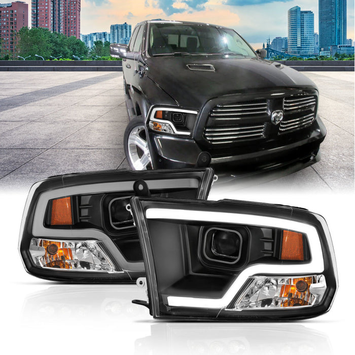 ANZO 09-18 Dodge Ram 1500 Phares de projecteur de style planche noirs avec halo