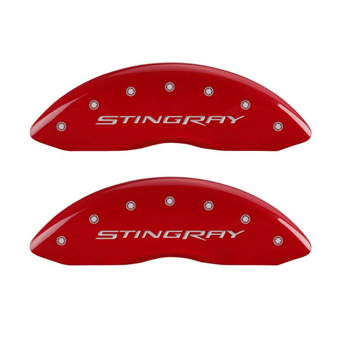 Couvre-étriers MGP 4 gravés avant et arrière Stingray Red finition argent ch