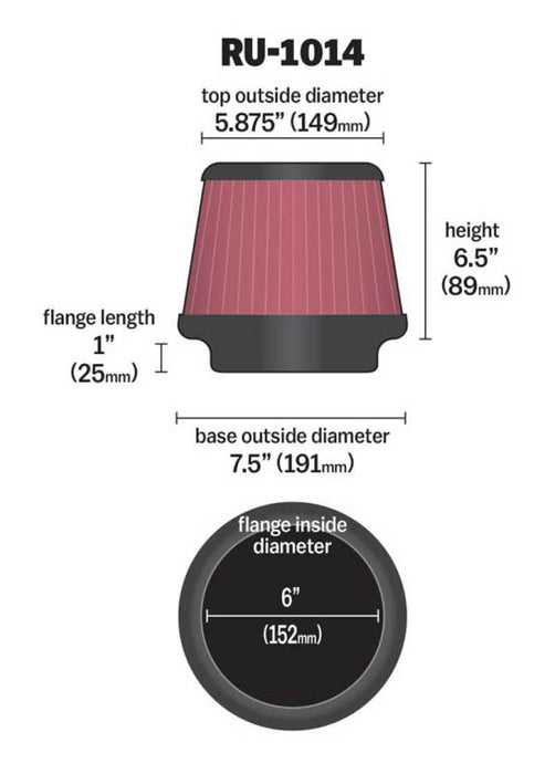 Filtre conique universel K&amp;N 6 po de diamètre intérieur de bride x 7,5 po de diamètre extérieur de base x 5,875 po de diamètre extérieur supérieur x 6,5 po de hauteur