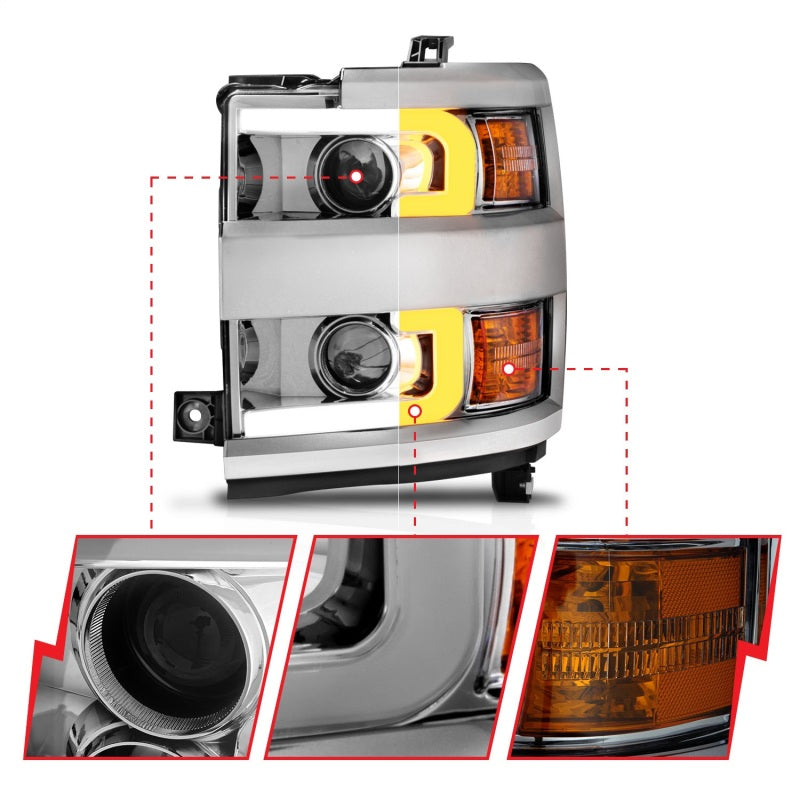 Phares de projecteur ANZO 15-17 Chevrolet Silverado 2500HD / 3500HD Chrome avec jante chromée