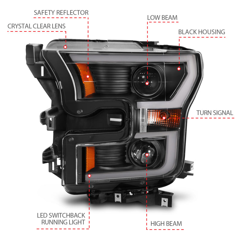 Phares de projecteur ANZO 2015-2017 Ford F-150 avec interrupteur de style planche noir avec ambre