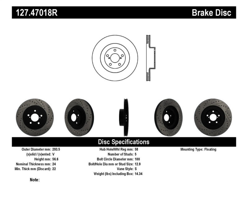 Rotor avant droit rainuré et percé StopTech 02-10 Subaru WRX (sauf STi)