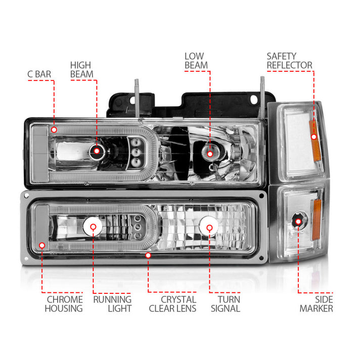 Phares en cristal ANZO 88-98 Chevrolet C1500 avec barre lumineuse, boîtier chromé avec marqueurs latéraux de signalisation, 8 pièces