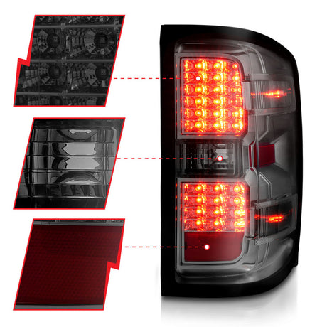 Feux arrière à LED ANZO 15-19 Chevy Silverado 2500HD/3500HD (halogène d'usine uniquement) fumés avec lentille transparente