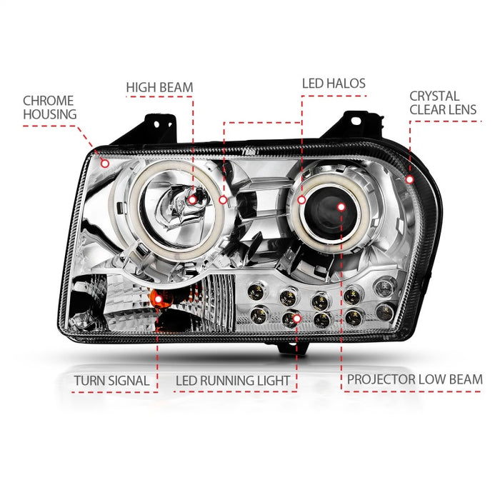 Phares de projecteur ANZO 2005-2010 Chrysler 300 avec halo chromé