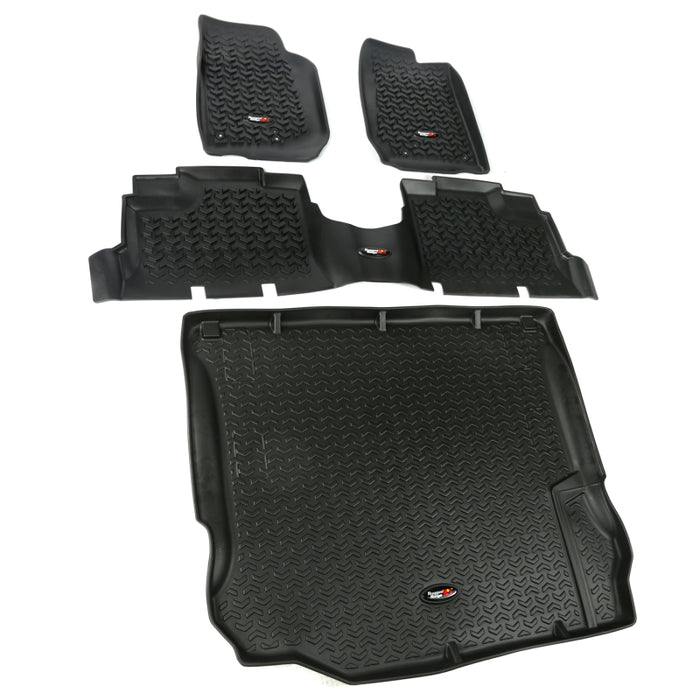 Revêtement de sol avant/arrière/cargo Rugged Ridge noir pour Jeep Wrangler Unlimited JK 4 portes 2011-2018