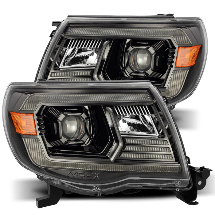 Phares de projecteur à LED AlphaRex 05-11 Toyota Tacoma LUXX Style Plank Black Alpha avec éclairage actif/DRL