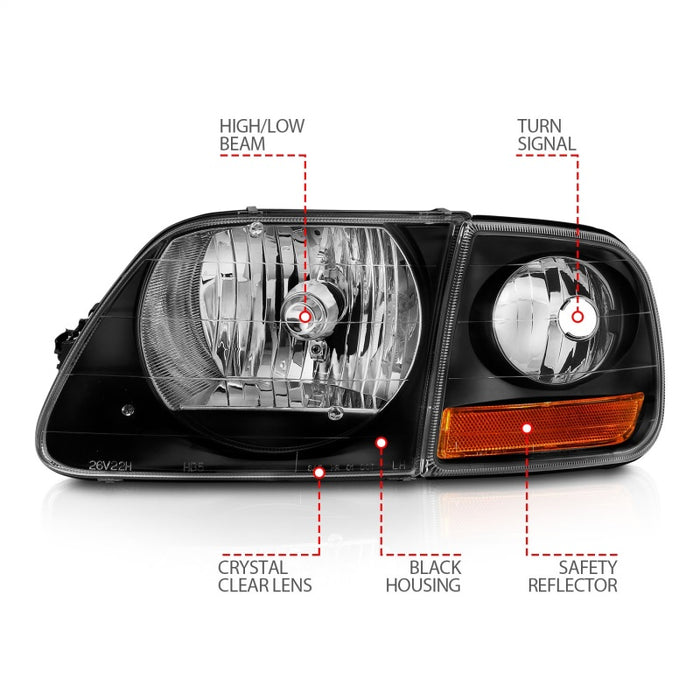 Phare avant en cristal ANZO 1997-2003 Ford F150 noir avec feu de stationnement