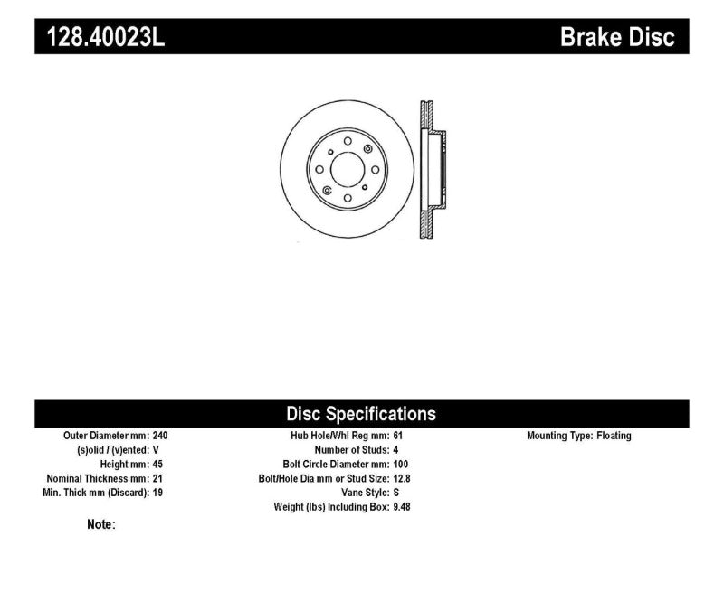 Rotor avant gauche percé StopTech pour Honda Civic 90-00 / CRX 90-91