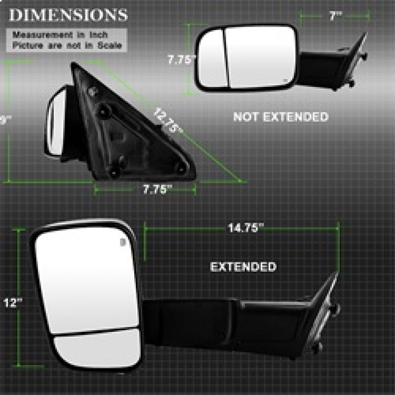 xTune Dodge Ram 1500 09-12 Extendable Heated Adjust Mirror Black Housing Left MIR-DRAM09S-PWH-L