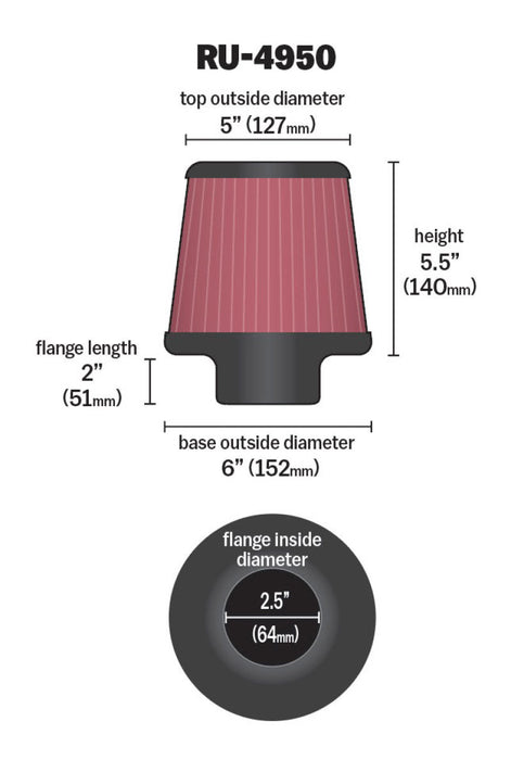 K&N Filter Universal Rubber Filter 2 1/2 inch Flange 6 inch Base 5 inch Top 5 1/2 inch Height