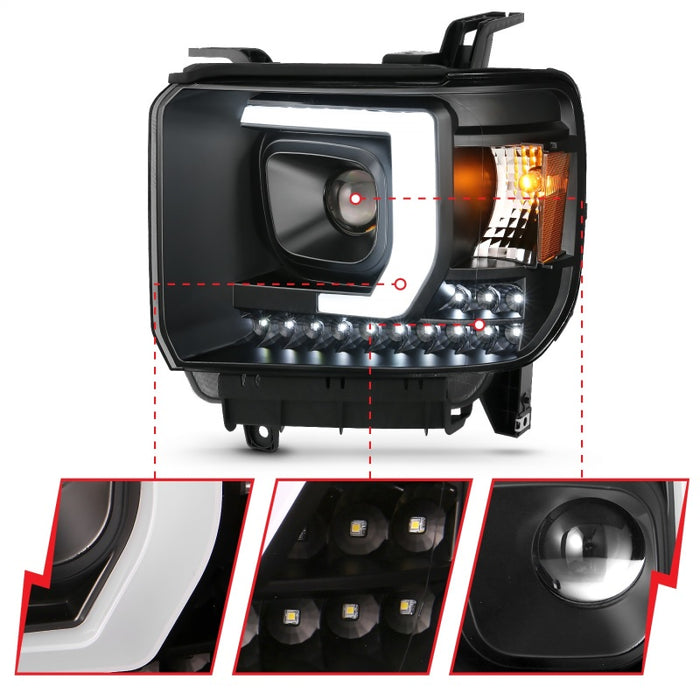 Phare de style planche de projecteur ANZO 2014-2015 Gmc Sierra 1500HD noir avec feux de jour