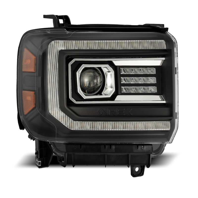 Phares à LED AlphaRex 14-18 GMC Sierra LUXX de style planche, noir avec éclairage actif/signal séquentiel/DRL