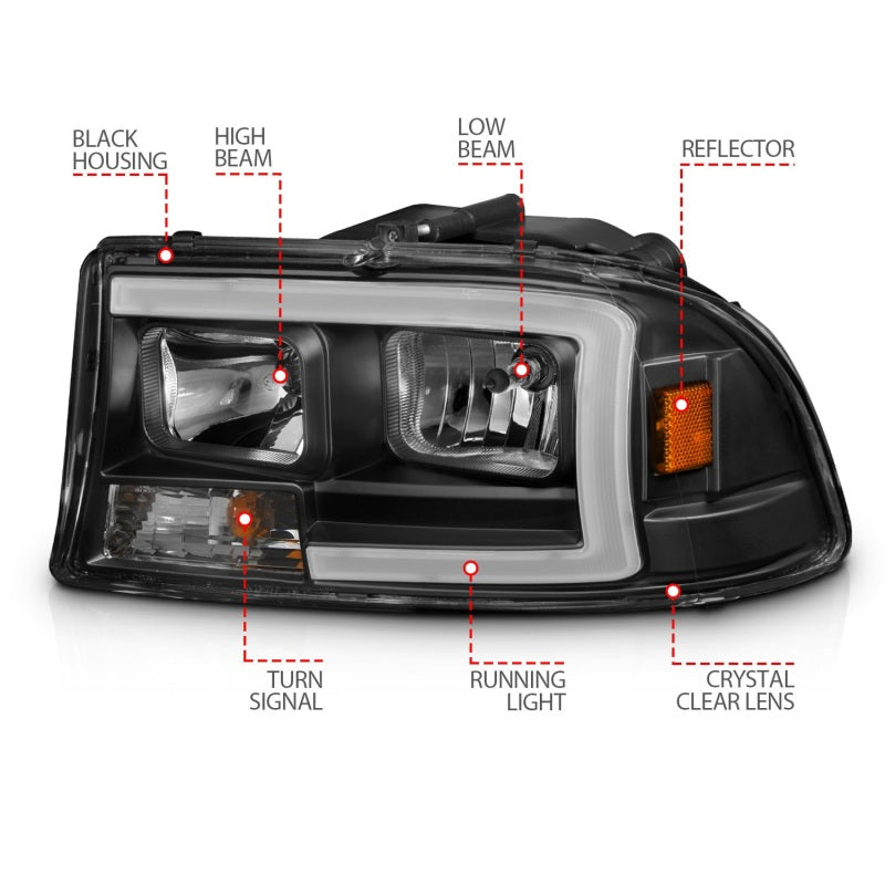Ensemble de phares ANZO 97-04 Dodge Dakota/Durango Crystal avec barre lumineuse et boîtier noir