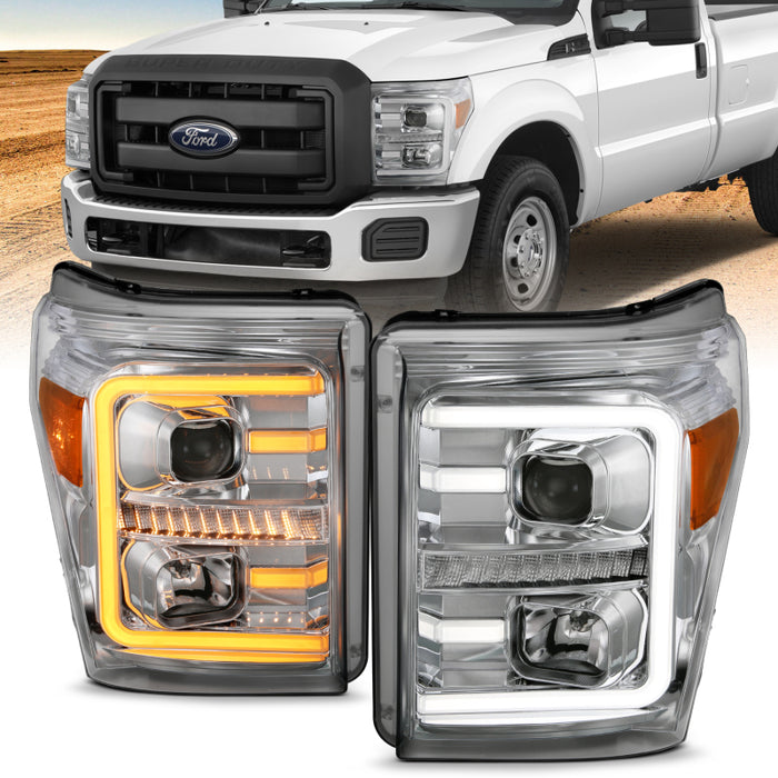 Phares de projecteur ANZO 11-16 Ford F-250/F-350/F-450 avec interrupteur de style planche chromé avec ambre