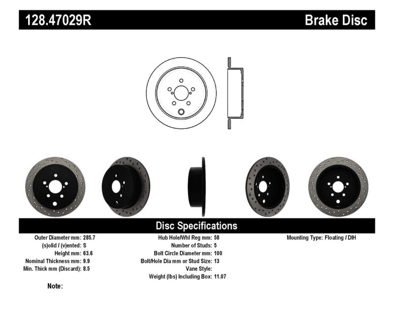 Rotor arrière droit percé StopTech 08-10 WRX