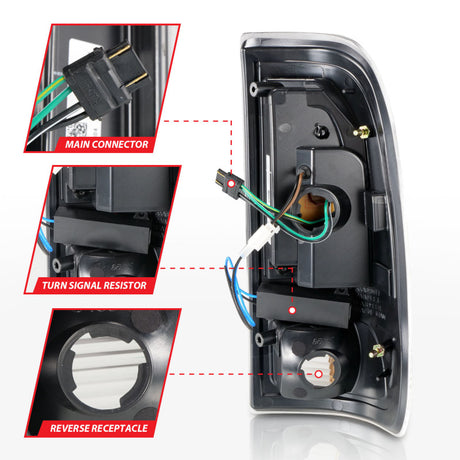 Feux arrière à LED ANZO 1997-2003 Ford F-150 avec barre lumineuse, boîtier noir, lentille transparente