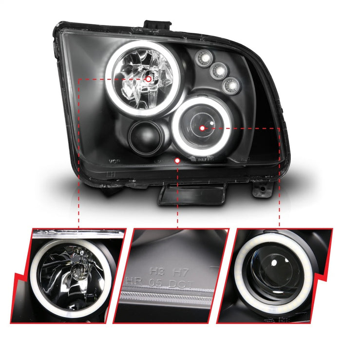 Phares de projecteur ANZO 2005-2009 Ford Mustang avec halo noir