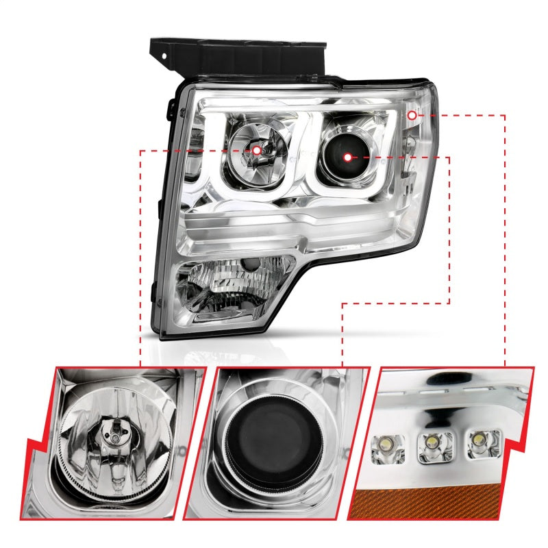 Phares de projecteur ANZO 2009-2014 Ford F-150 avec barre en U chromée