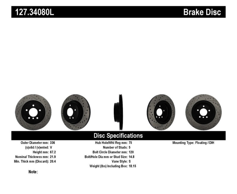 Rotor arrière gauche fendu et percé StopTech 06 BMW 330 / 07-09 BMW 335