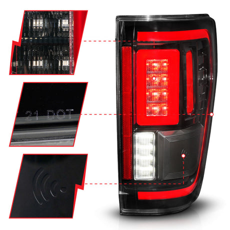 Feux arrière à LED ANZO 21-23 Ford F-150 avec clignotant séquentiel et couvercle BLIS - Boîtier noir