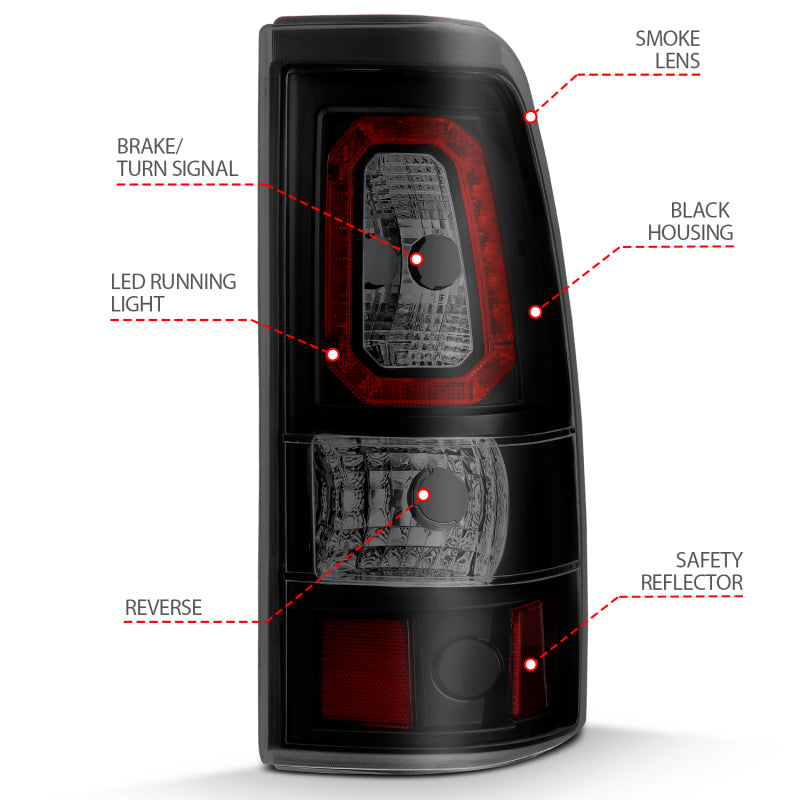 Feux arrière à LED ANZO 1999-2002 Chevy Silverado 1500 style planche noir avec lentille fumée