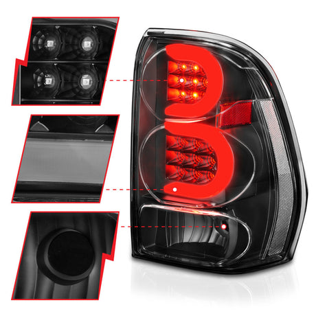 Feux arrière à LED ANZO 2002-2009 Chevrolet Trailblazer avec barre lumineuse, boîtier noir, lentille transparente