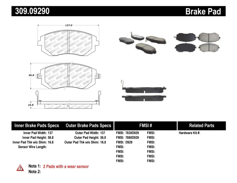 Plaquettes de frein sport Stoptech pour Subaru Forester/Impreza 03-10 et Subaru Legacy/Outback 02-12 - Avant