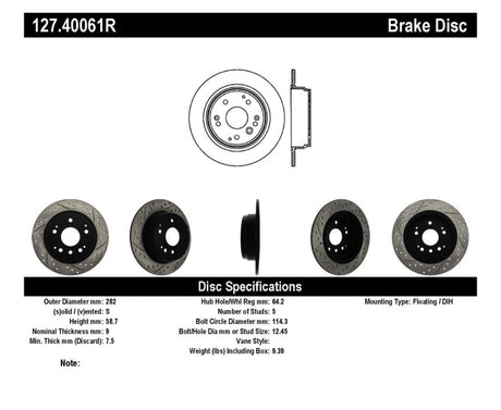 Rotor arrière droit fendu et percé StopTech 04-08 Acura TL / 03-09 Honda Element