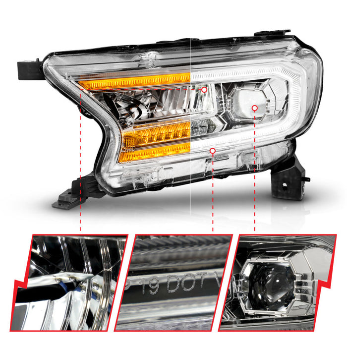 Phares de projecteur à LED ANZO 19-23 Ford Ranger avec allumage et séquentiel - Chrome