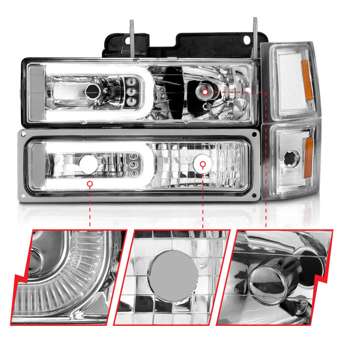 Phares en cristal ANZO 88-98 Chevrolet C1500 avec barre lumineuse, boîtier chromé avec marqueurs latéraux de signalisation, 8 pièces