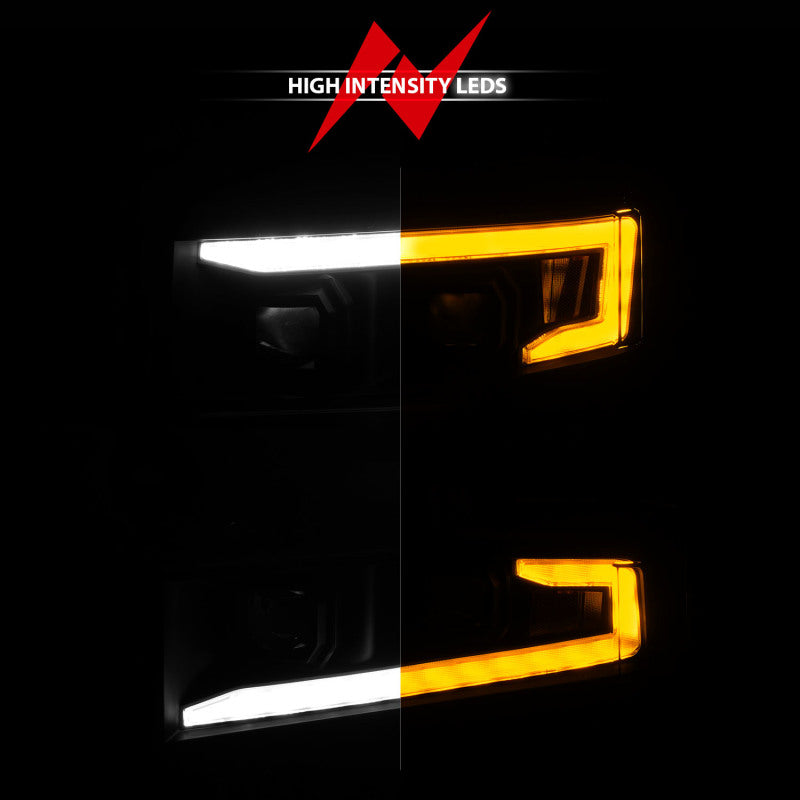 ANZO 19-22 Chevrolet Silverado 1500 LED Proj HL avec barre lumineuse SwBk Seq. Blk avec éclairage d'appoint - Côté conducteur allumé